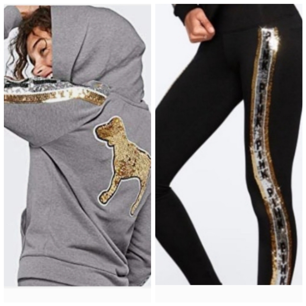PINK VS Sequin Set Blk, Gray & Gold Pup Full Zip/Leggings 😍💎🔥